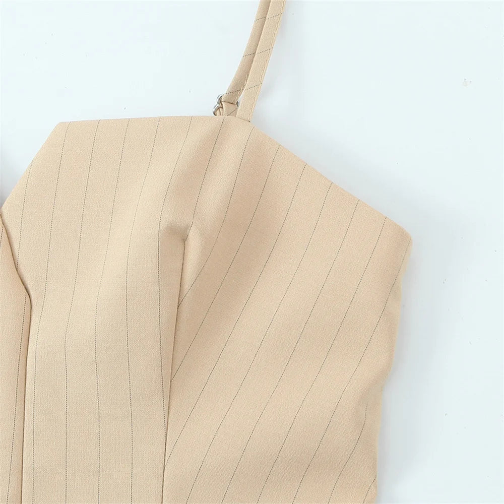 UNIZERA Conjunto feminino listrado de alça fina e calças com decoração de babados primavera novo produto casual feminino