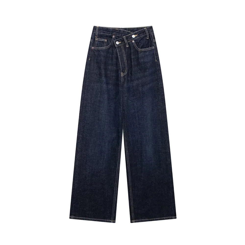 TRAF Calças de ganga básicas para mulher New Fashion Asymmetric Design High Waist Wide Leg Trousers Calças de ganga casuais de perna direita para mulher