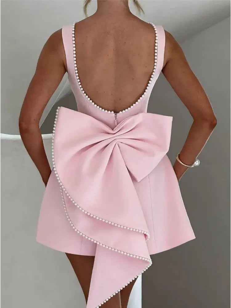 Elegante pérola arco sem costas vestido curto feminino o pescoço mini vestidos de noite preto branco rosa chique verão novo casamento convidado 2025