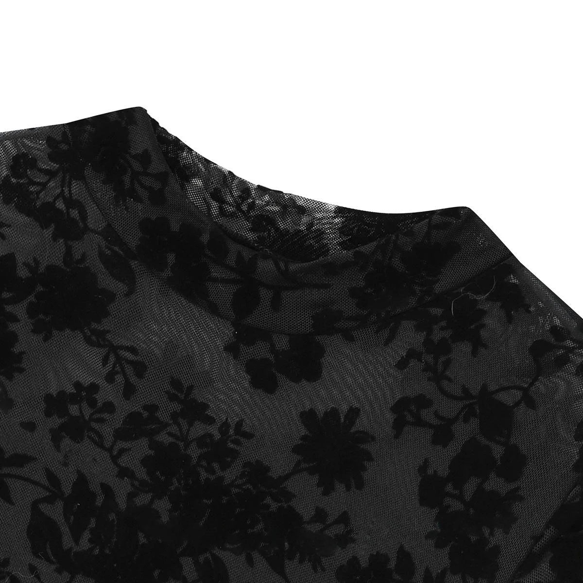 Sexy feminino preto floral reunindo malha pura mock neck manga longa bodysuit