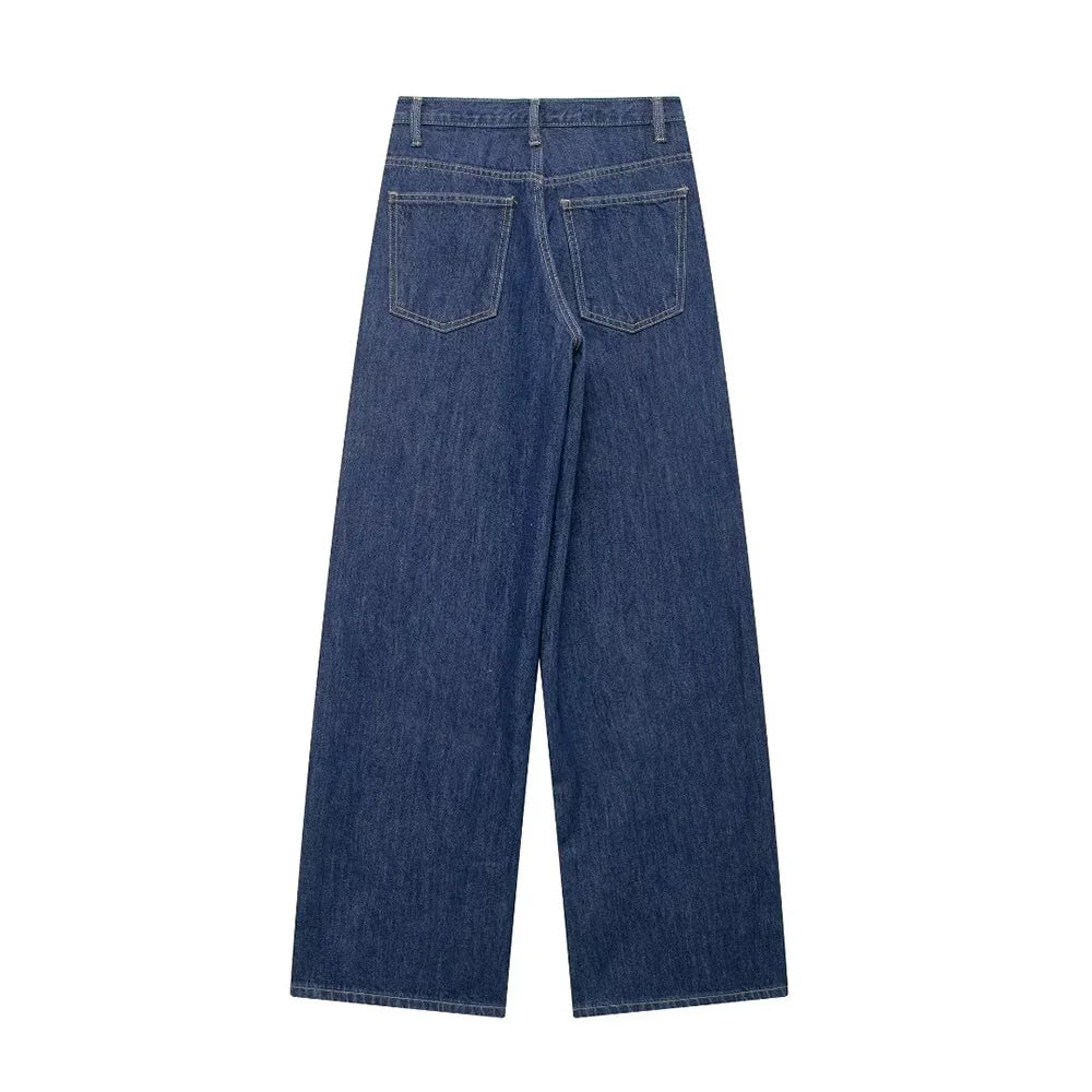 TRAF Calças de ganga básicas para mulher New Fashion Asymmetric Design High Waist Wide Leg Trousers Calças de ganga casuais de perna direita para mulher