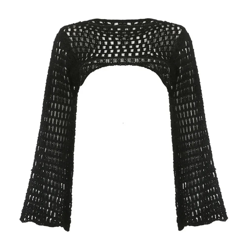 Verão crochê malha oco para fora colheita topo feminino y2k sexy blusa camisas manga longa queimado camisola cobrir ups streetwear pullovers