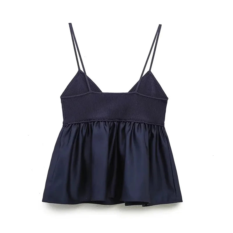 Traf azul de malha superior feminino sem mangas colheita topos feminino 2024 verão sem costas espartilho topo mulher retalhos plissado praia regata
