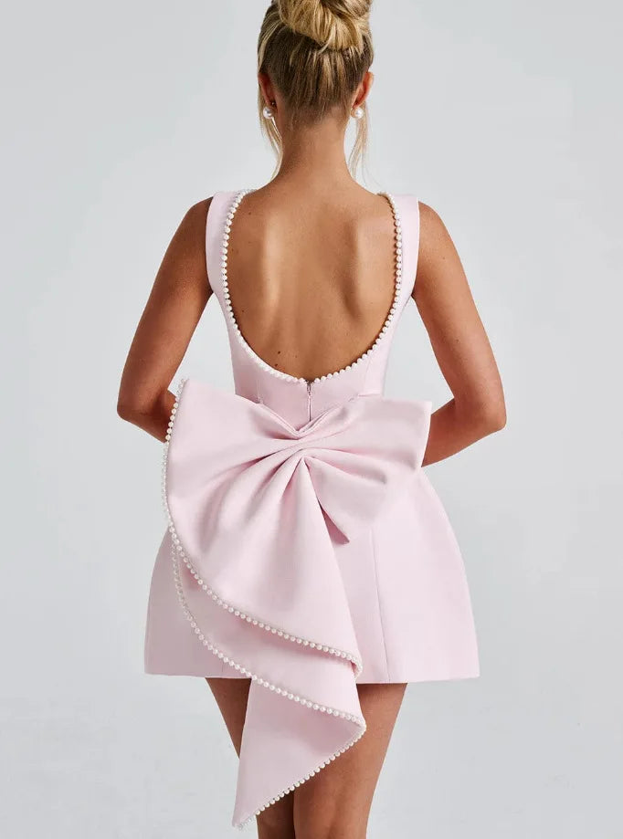 Elegante pérola arco sem costas vestido curto feminino o pescoço mini vestidos de noite preto branco rosa chique verão novo casamento convidado 2025