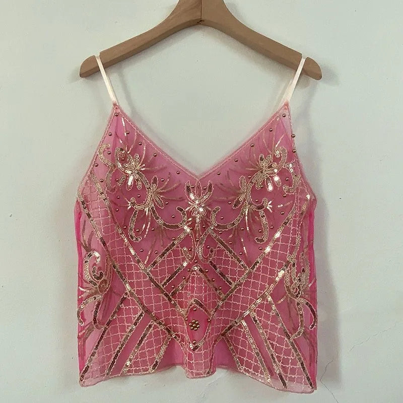 Feminino com decote em v sem mangas regata sexy magro topo verão pesado industrial lantejoulas cravejadas lantejoulas curto solto camisola topo