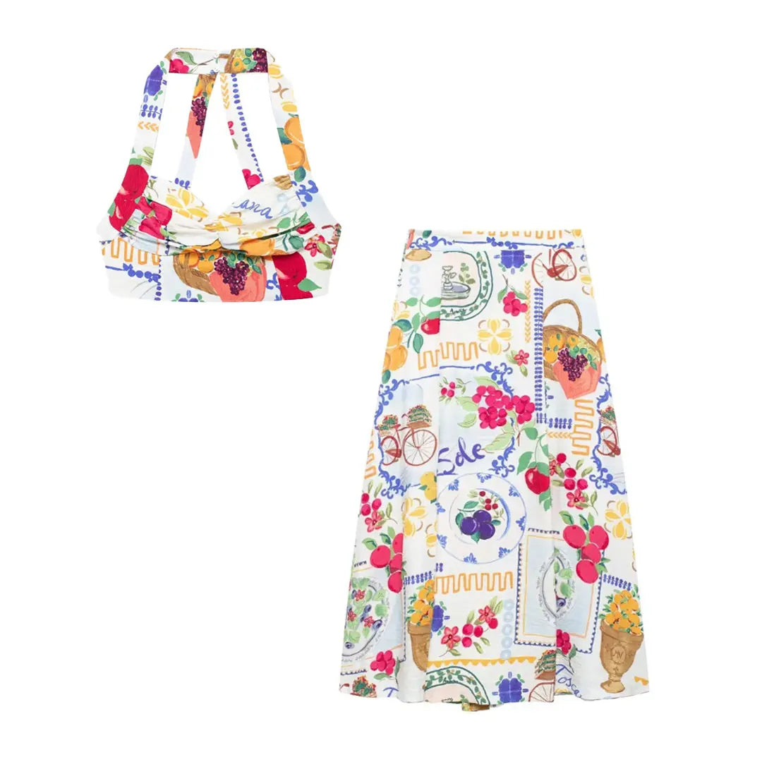 Trafza feminino 2 peças conjunto sexy sem mangas sem costas impressão botões mini estilingue topo + elegante botões de cintura alta praia midi saia