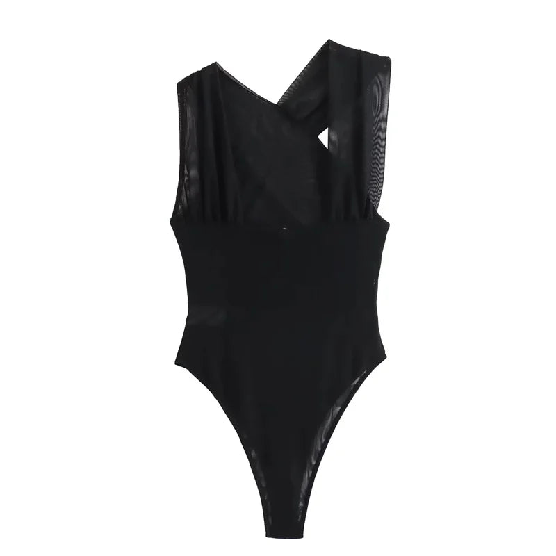 Muyer 2025 leopardo impressão malha bodysuit feminino fora do ombro tule sexy mulher bodys sem mangas apertado bodysuit lingerie verão topos
