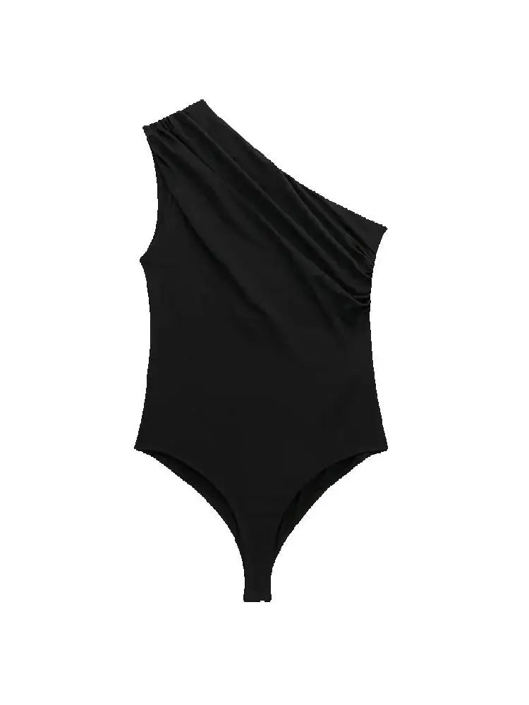 TRZA – Body assimétrico franzido feminino, um ombro, alças largas, botão de pressão, playsuits femininos, moda sexy
