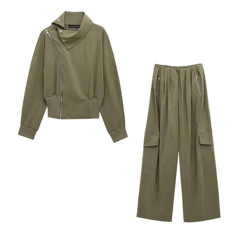 Calças de carga ternos femininos high street vintage solto lapela mangas compridas define feminino 2025 primavera nova moda conjuntos com zíper 2 peças