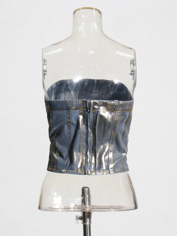 TWOTWINSTYLE-Mulheres de emagrecimento Denim Tank Tops, Patchwork Zipper, Sexy Strapless, sem mangas, sem encosto, coletes curtos, moda feminina