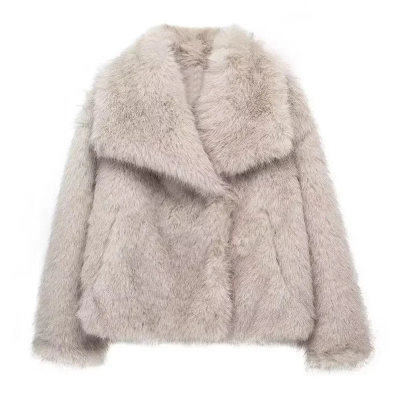 Traf 2024 mulher outono inverno casaco de pele do falso pelúcia fofo jaqueta feminina novo em outerwears branco vermelho cinza preto lã misturas casacos