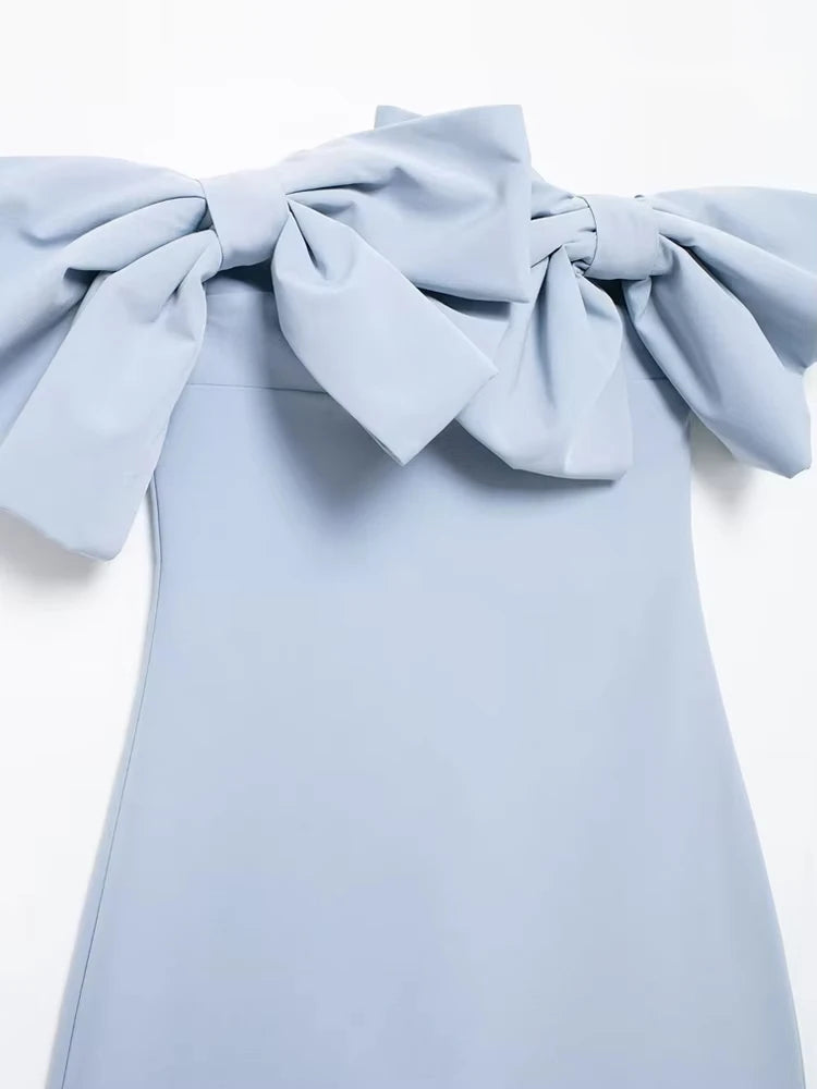Trza-mini vestido sem alças com laços para mulheres, ombro de fora, pescoço reto, zíper traseiro, vestidos femininos, moda sexy