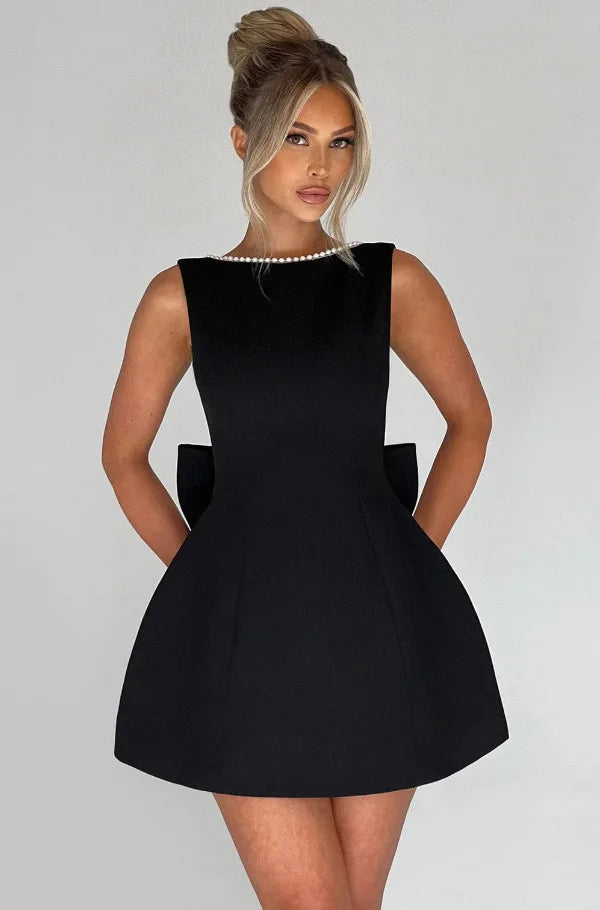 Elegante pérola arco sem costas vestido curto feminino o pescoço mini vestidos de noite preto branco rosa chique verão novo casamento convidado 2025