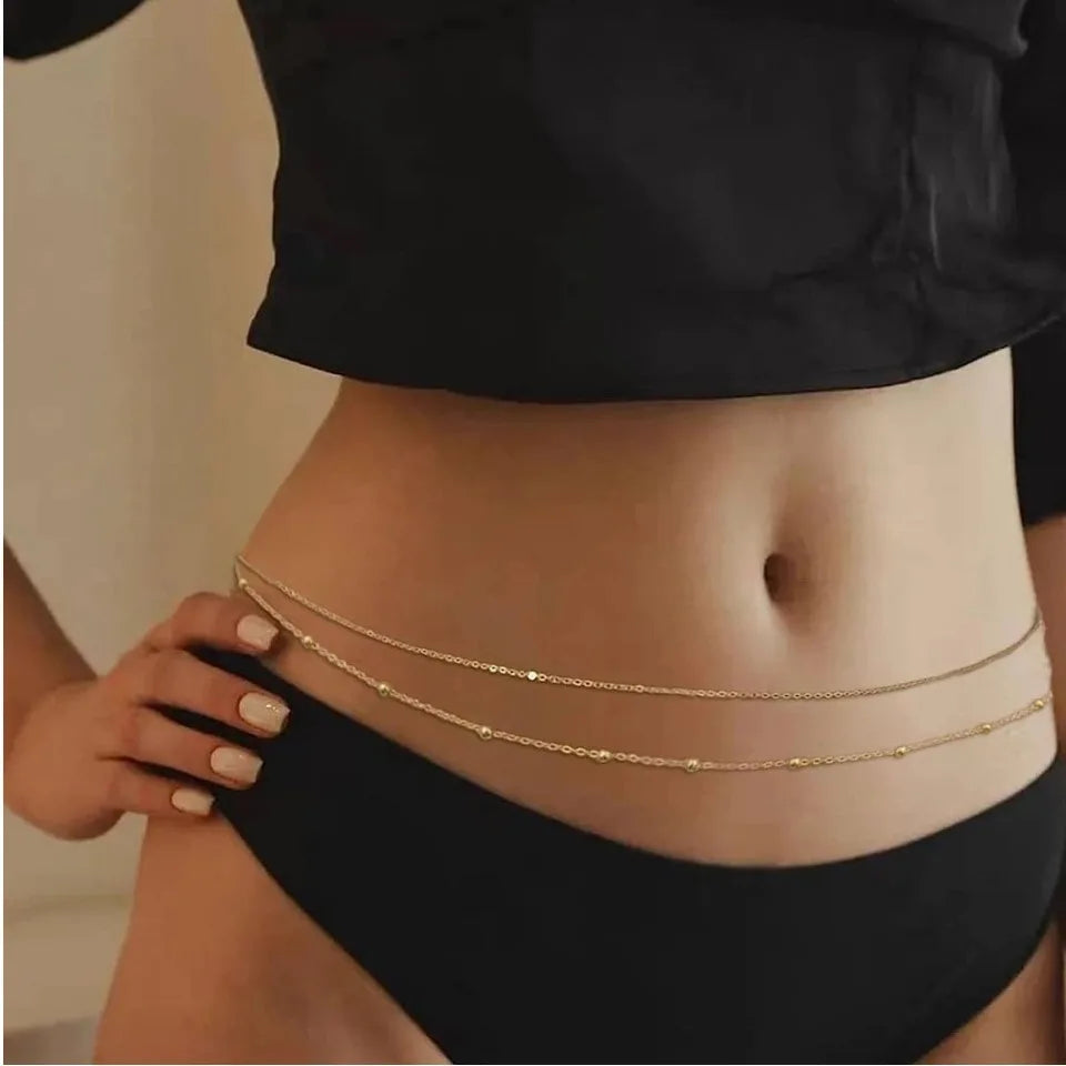 Hiphop camadas duplas correntes de barriga feminino y2k cor dourada praia biquíni cintura corpo corrente jóias elegância acessórios versáteis