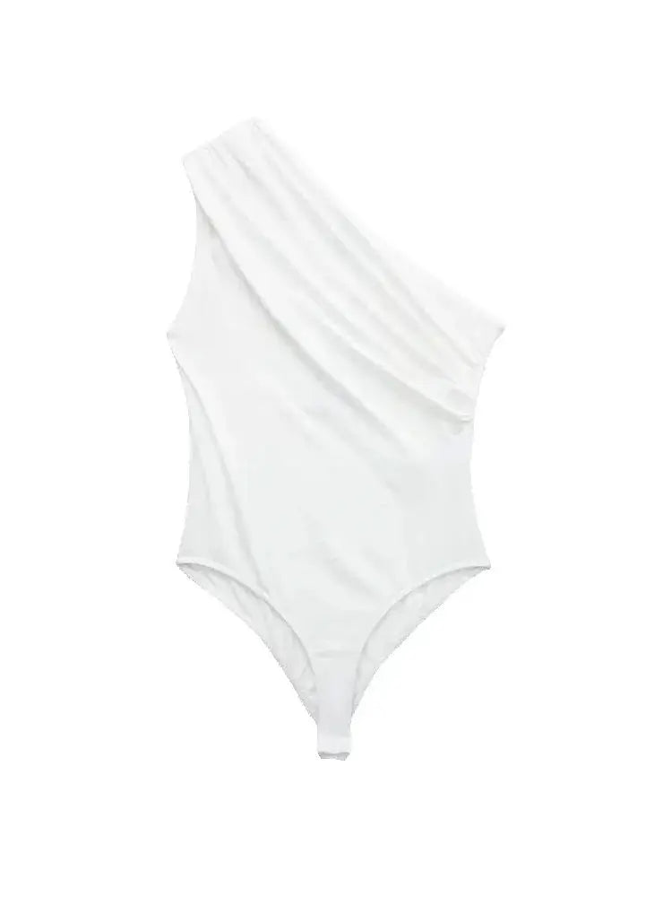 TRZA – Body assimétrico franzido feminino, um ombro, alças largas, botão de pressão, playsuits femininos, moda sexy