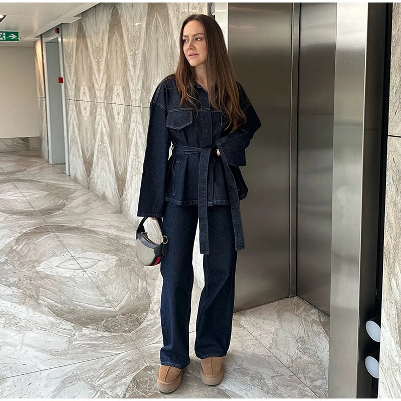 Vintage emendado denim jaqueta calças definir cinto feminino único breasted jaquetas bolsos jeans retos 2025 primavera senhora rua outfit
