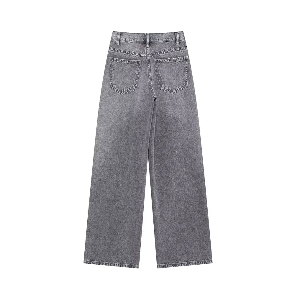TRAF Calças de ganga básicas para mulher New Fashion Asymmetric Design High Waist Wide Leg Trousers Calças de ganga casuais de perna direita para mulher