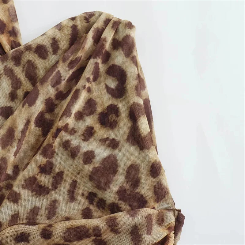 Muyer 2025 leopardo impressão malha bodysuit feminino fora do ombro tule sexy mulher bodys sem mangas apertado bodysuit lingerie verão topos