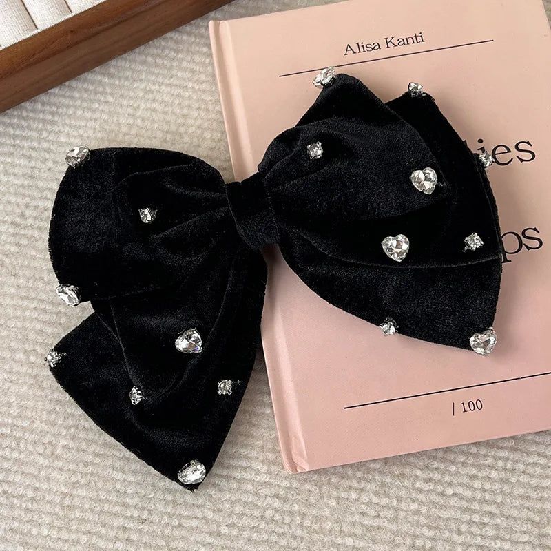 Luxo arco amor strass grampos de cabelo moda veludo preto grandes grampos de cabelo para mulheres meninas doce temperamento presilhas cocar