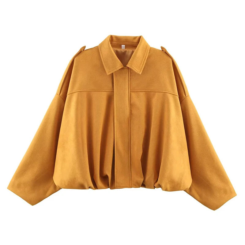 Rafznb jaquetas bomber femininas casacos moda gola virada para baixo manga longa casacos soltos vintage feminino outerwear chiques topos
