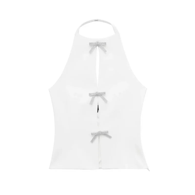 Muyer arco strass colheita topo feminino cortar preto branco sem mangas sem costas topo feminino fora do ombro sexy topos mulher verão