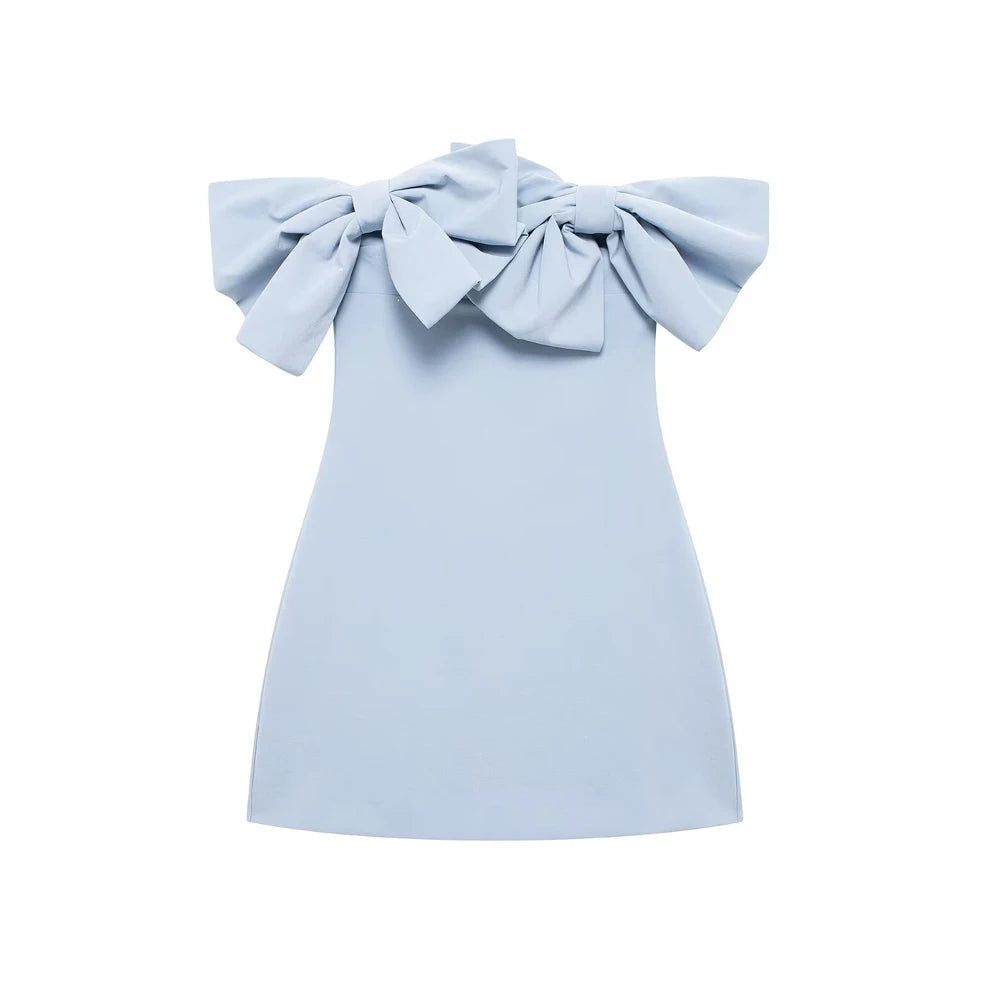 Trza-mini vestido sem alças com laços para mulheres, ombro de fora, pescoço reto, zíper traseiro, vestidos femininos, moda sexy