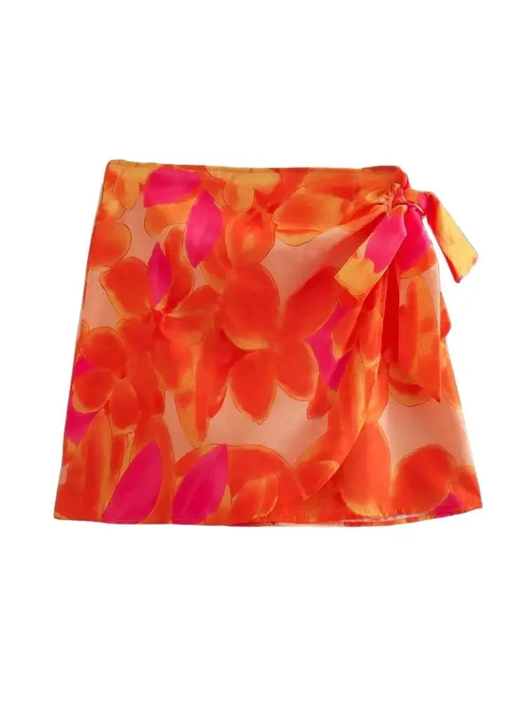 Trza moda feminina frente ganchos de metal impresso bustier topos e cintura alta com arco amarrado mini saia feminina conjuntos de duas peças mujer