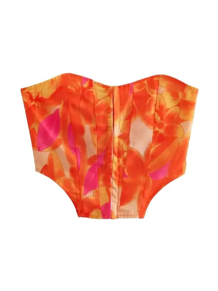 Trza moda feminina frente ganchos de metal impresso bustier topos e cintura alta com arco amarrado mini saia feminina conjuntos de duas peças mujer