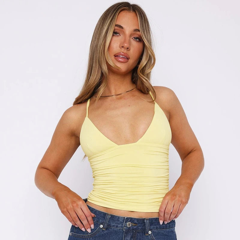 Hugcitar decote em v sólido ruched sexy magro y2k colheita tanque topo verão moda feminina casual novas roupas streetwear praia férias
