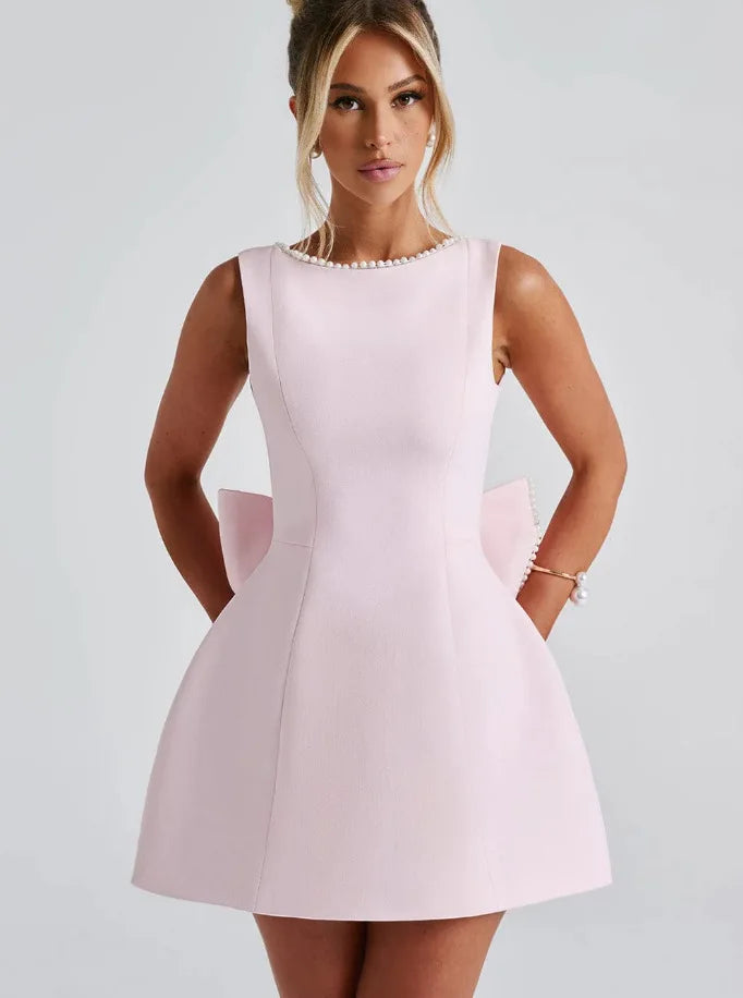 Elegante pérola arco sem costas vestido curto feminino o pescoço mini vestidos de noite preto branco rosa chique verão novo casamento convidado 2025