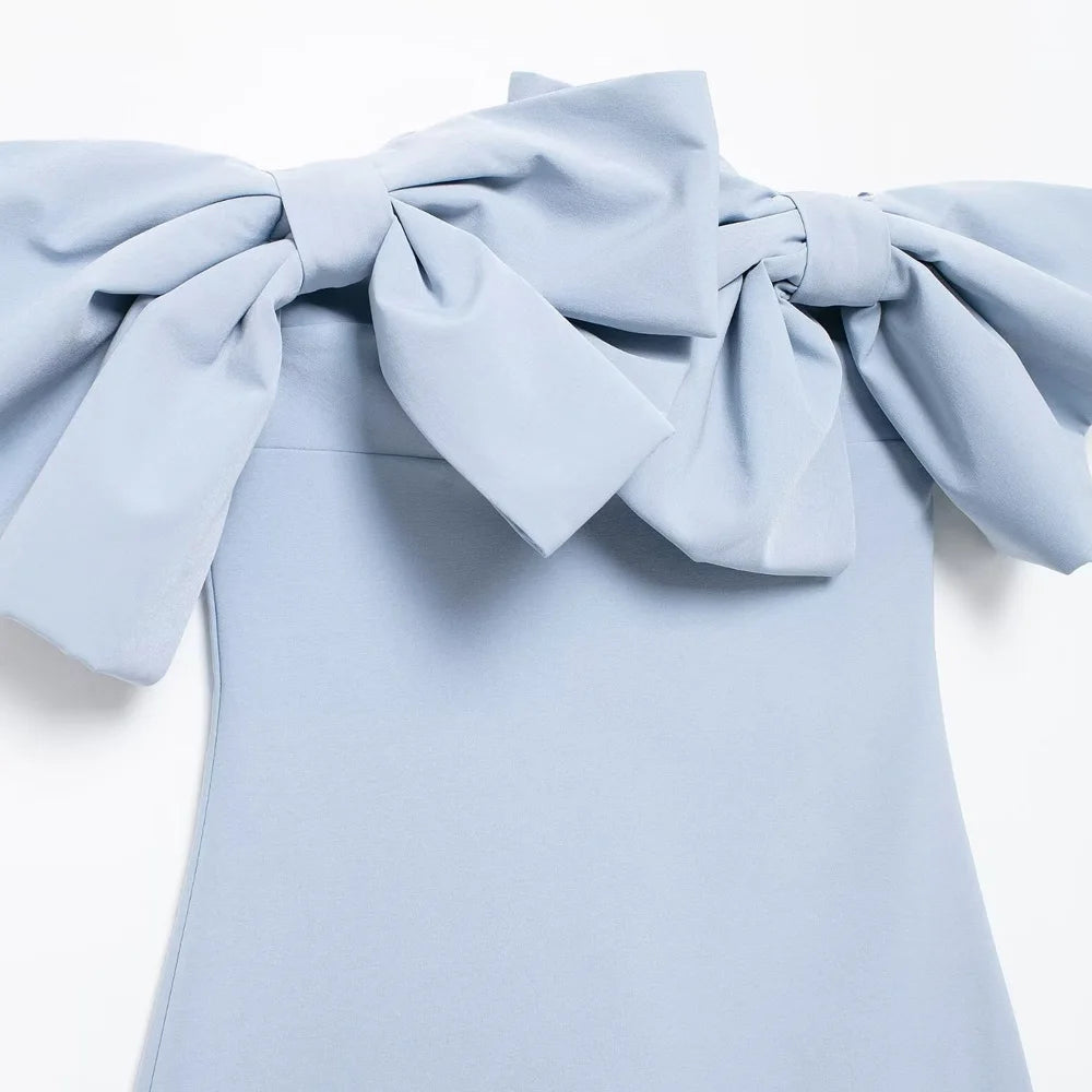 Trza-mini vestido sem alças com laços para mulheres, ombro de fora, pescoço reto, zíper traseiro, vestidos femininos, moda sexy