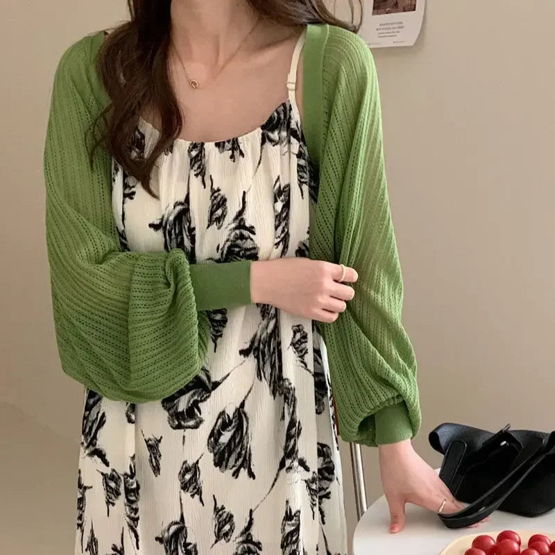 Cardigan francês de malha de seda gelo à prova de sol, jaqueta fina de verão feminina, colete, saia suspensa, xale, blusa externa