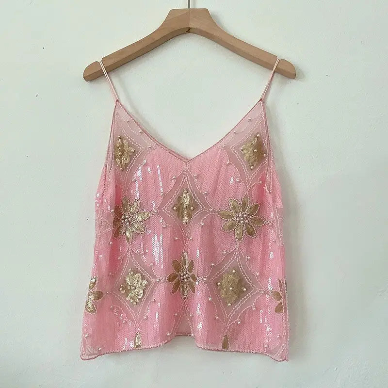 Feminino com decote em v sem mangas regata sexy magro topo verão pesado industrial lantejoulas cravejadas lantejoulas curto solto camisola topo