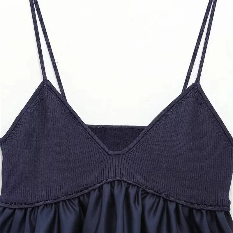 Traf azul de malha superior feminino sem mangas colheita topos feminino 2024 verão sem costas espartilho topo mulher retalhos plissado praia regata