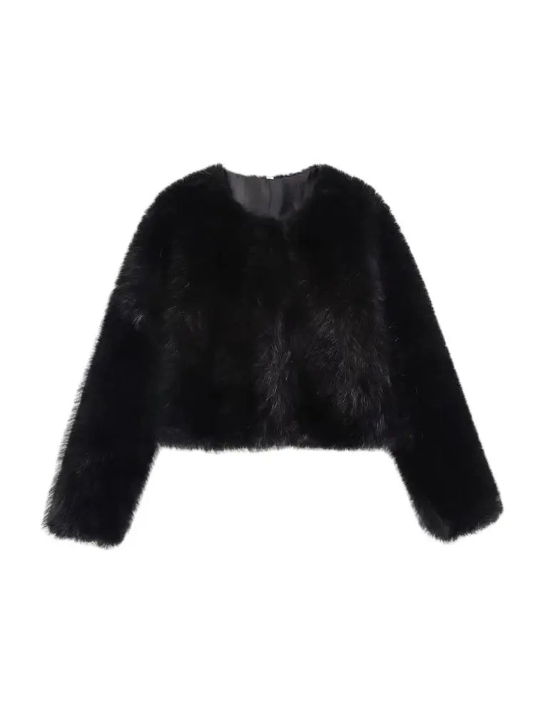 TRZA – Jaqueta feminina grossa e quente de pele sintética, gola redonda, manga comprida, agasalhos femininos, tops chiques, moda