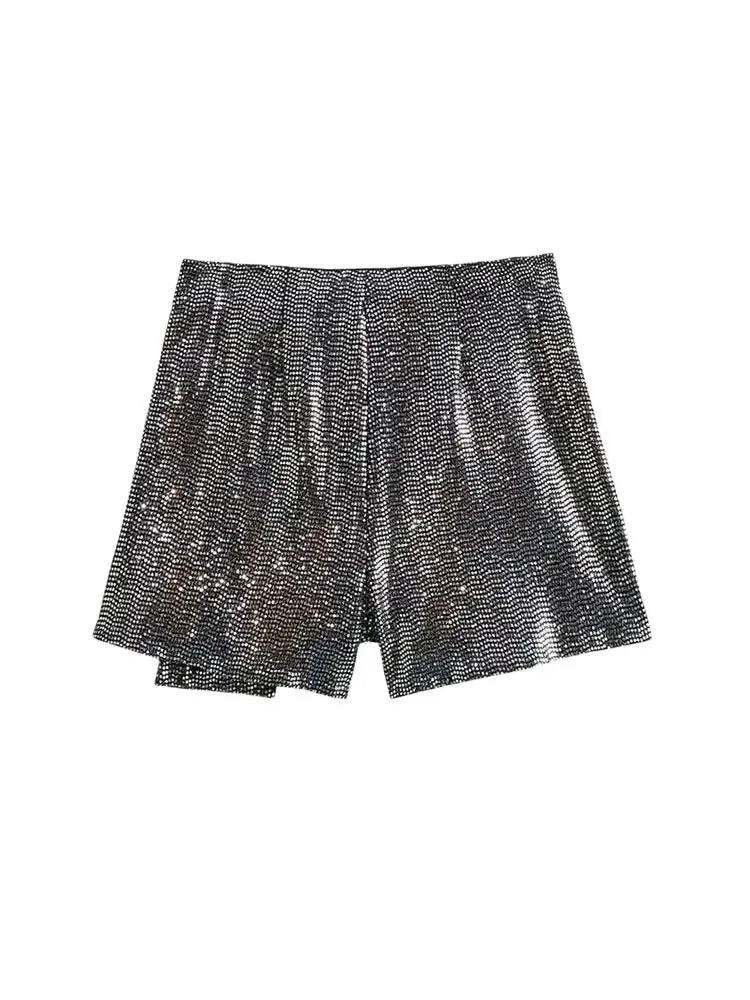 TRZA – Saias femininas com lantejoulas e nó, cintura alta, zíper lateral, saia curta feminina, moda