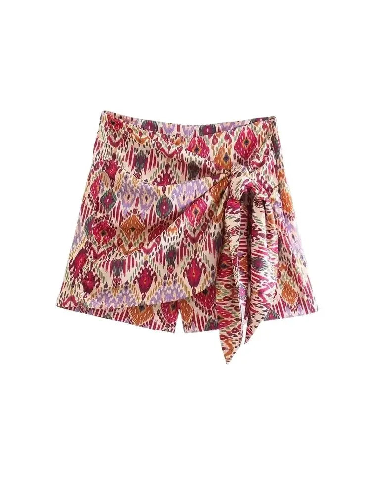 Trza moda feminina com totem atado impressão shorts saias vintage cintura alta zíper lateral saias femininas mujer