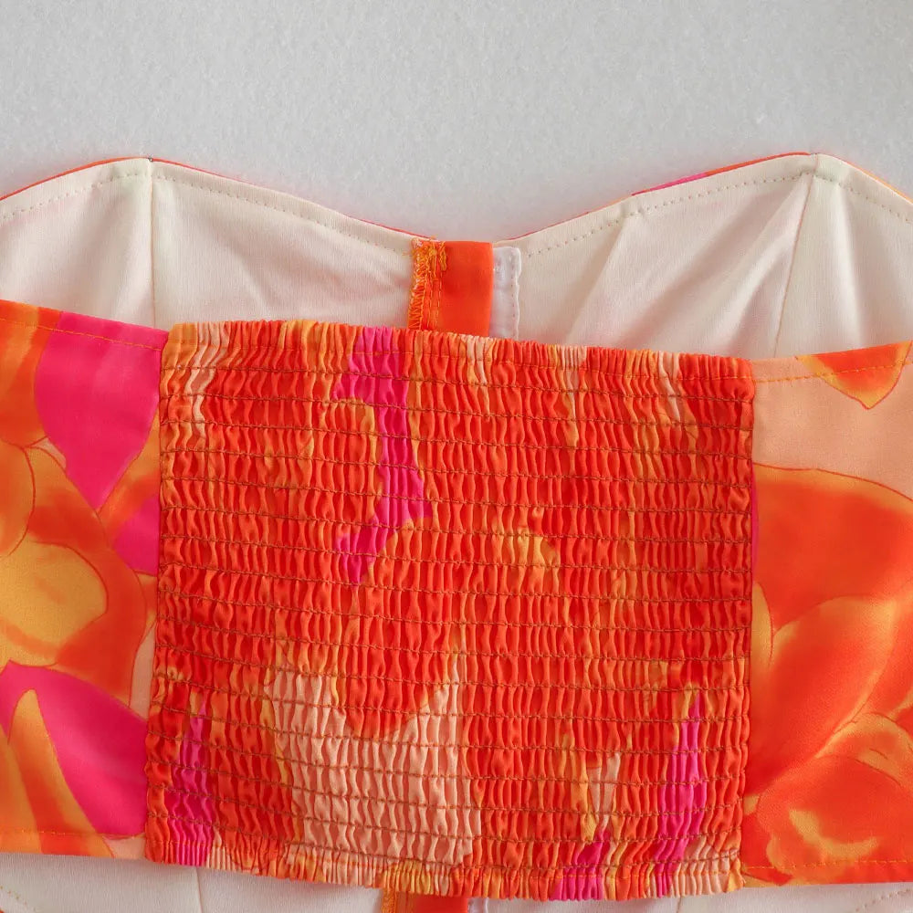 Trza moda feminina frente ganchos de metal impresso bustier topos e cintura alta com arco amarrado mini saia feminina conjuntos de duas peças mujer