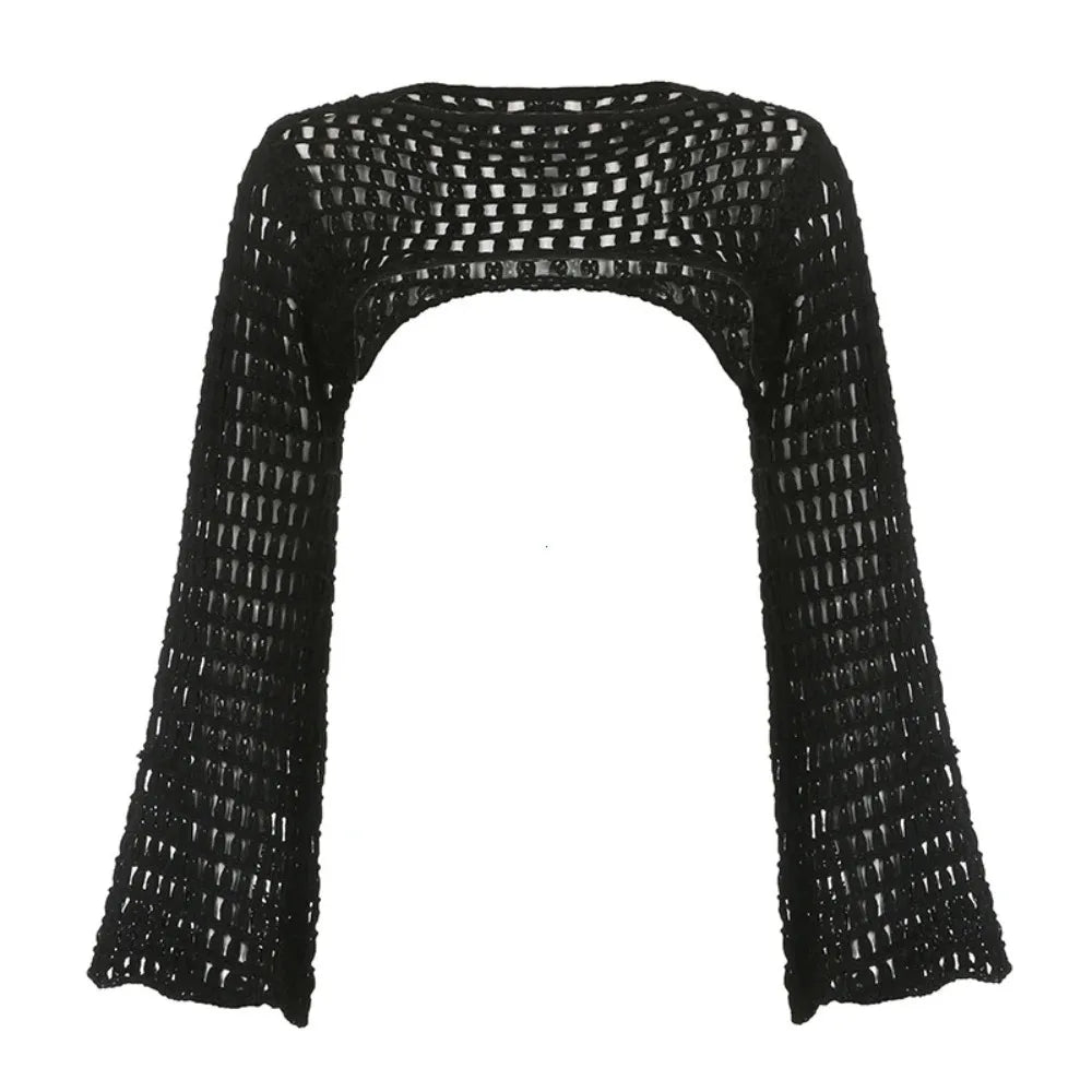 Verão crochê malha oco para fora colheita topo feminino y2k sexy blusa camisas manga longa queimado camisola cobrir ups streetwear pullovers