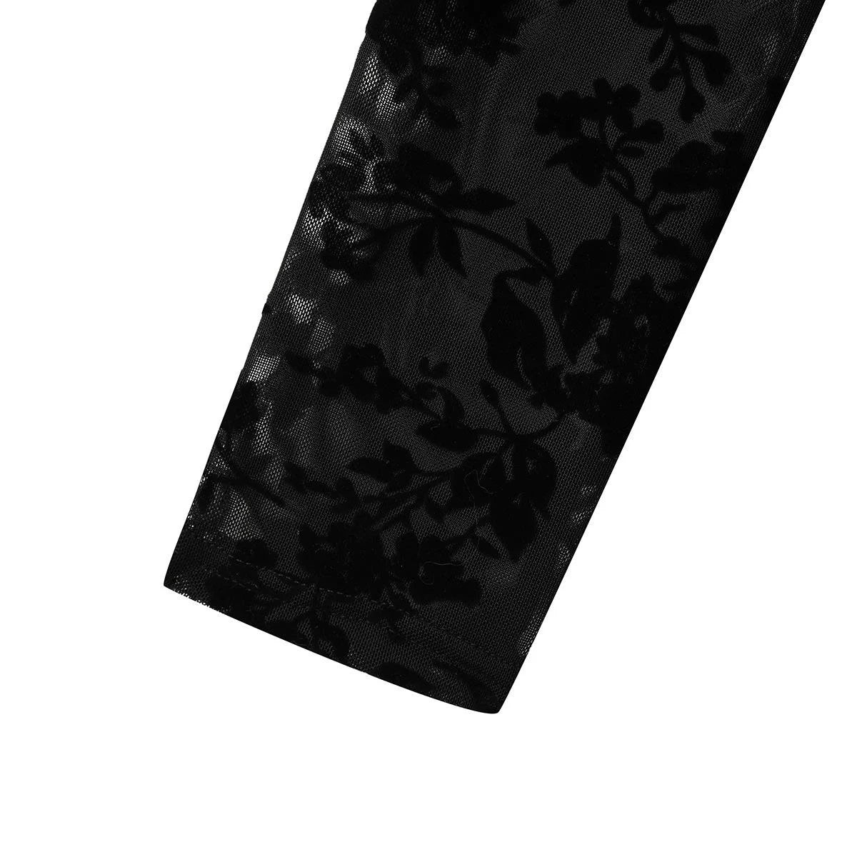 Sexy feminino preto floral reunindo malha pura mock neck manga longa bodysuit