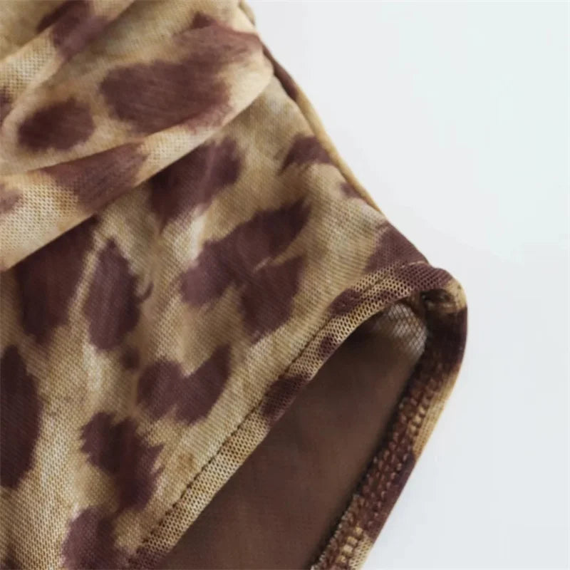 Muyer 2025 leopardo impressão malha bodysuit feminino fora do ombro tule sexy mulher bodys sem mangas apertado bodysuit lingerie verão topos
