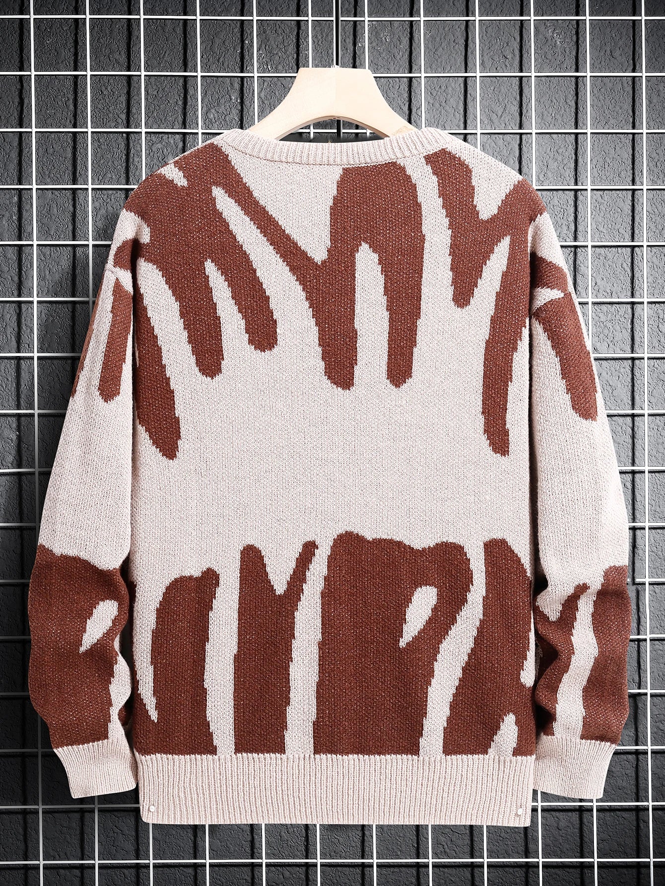 Pulôver de malha com padrão Jacquard irregular masculino, suéter casual com gola redonda, cor de contraste, popular, outono, inverno, novo