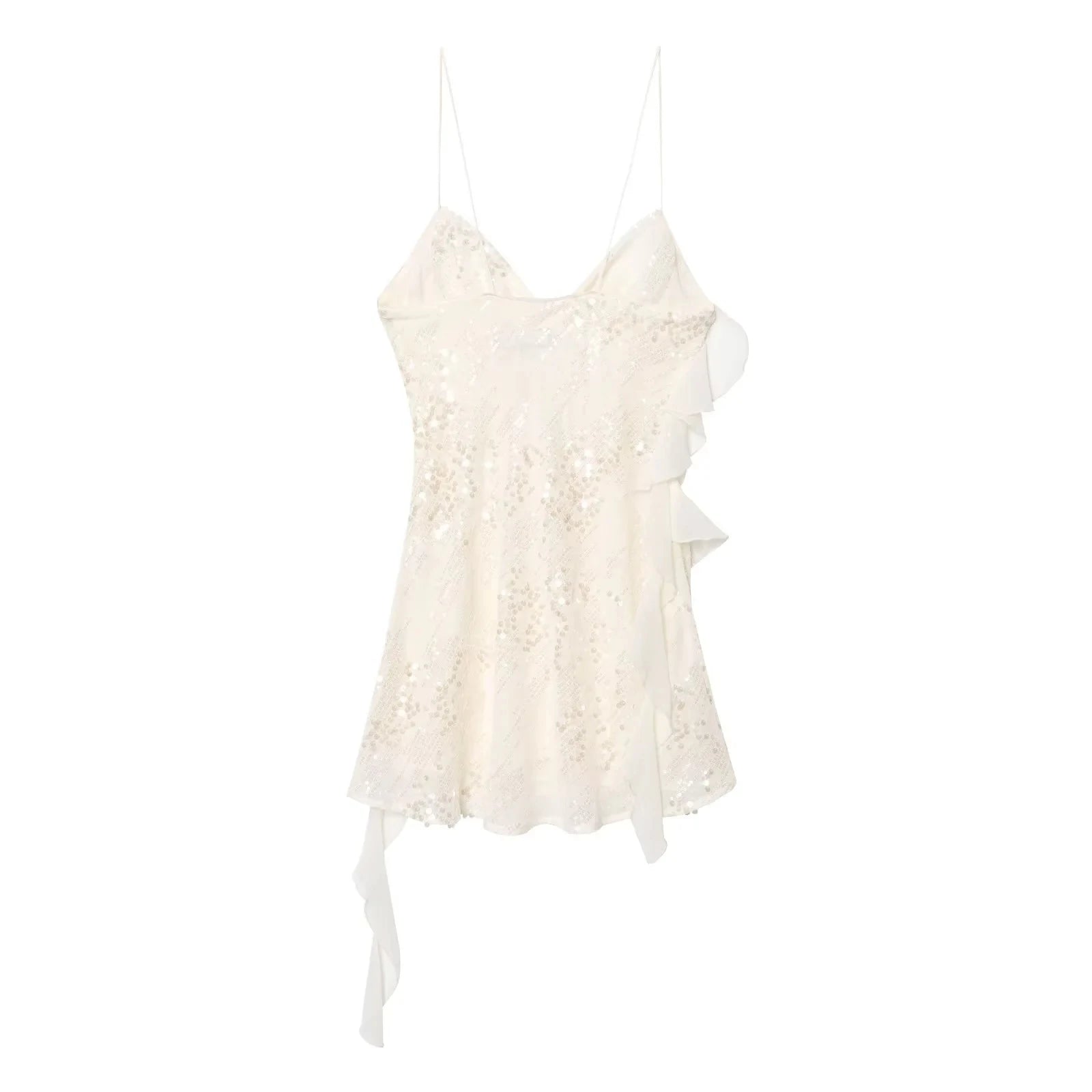 Trafza sexy chique vestido feminino sólido cami sem costas lantejoulas em camadas mini vestido curto nova moda 2025 verão clube vestido de festa