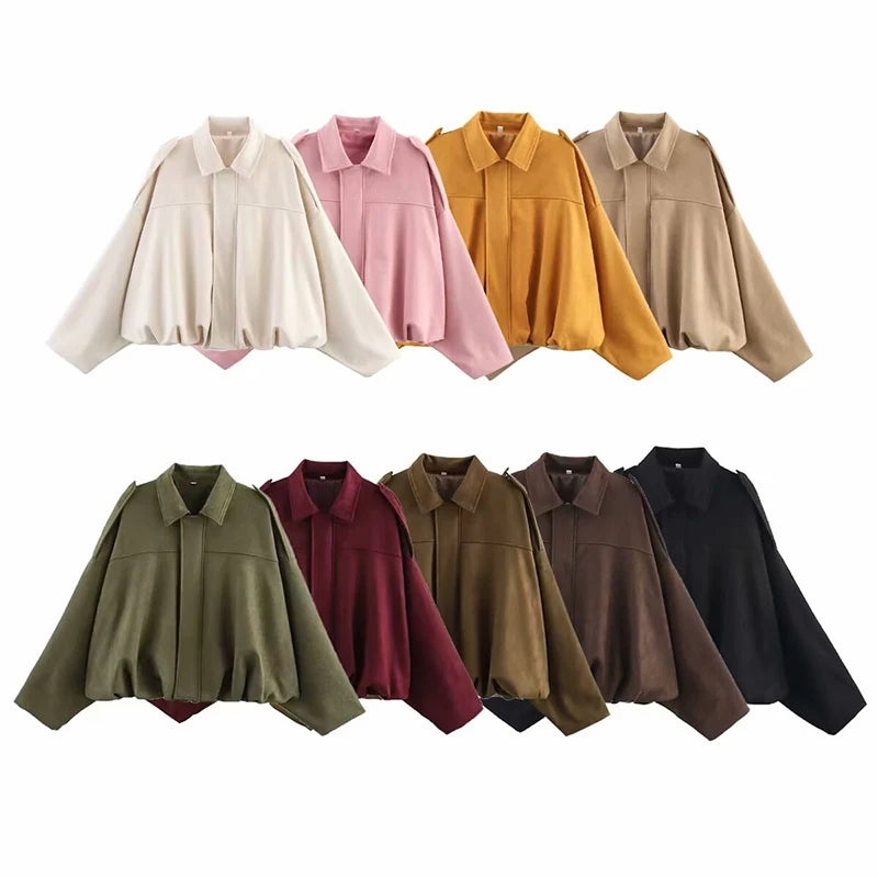 Rafznb jaquetas bomber femininas casacos moda gola virada para baixo manga longa casacos soltos vintage feminino outerwear chiques topos
