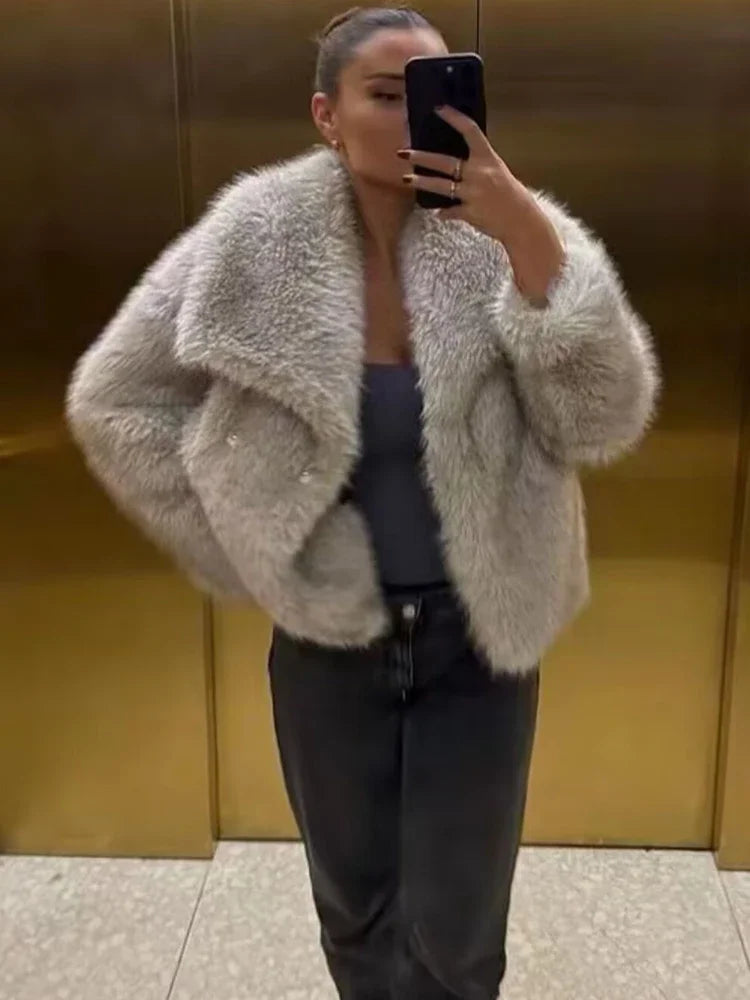 Traf 2024 mulher outono inverno casaco de pele do falso pelúcia fofo jaqueta feminina novo em outerwears branco vermelho cinza preto lã misturas casacos