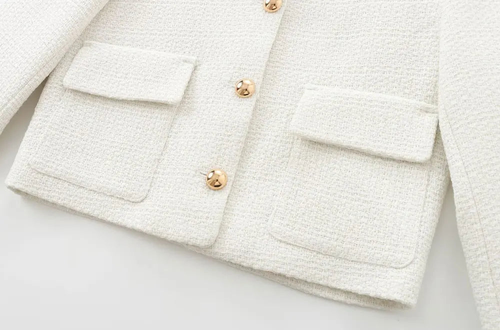 Trza moda feminina com bolsos tweed jaqueta casaco e cintura alta zíper lateral mini saia feminina conjuntos de duas peças mujer