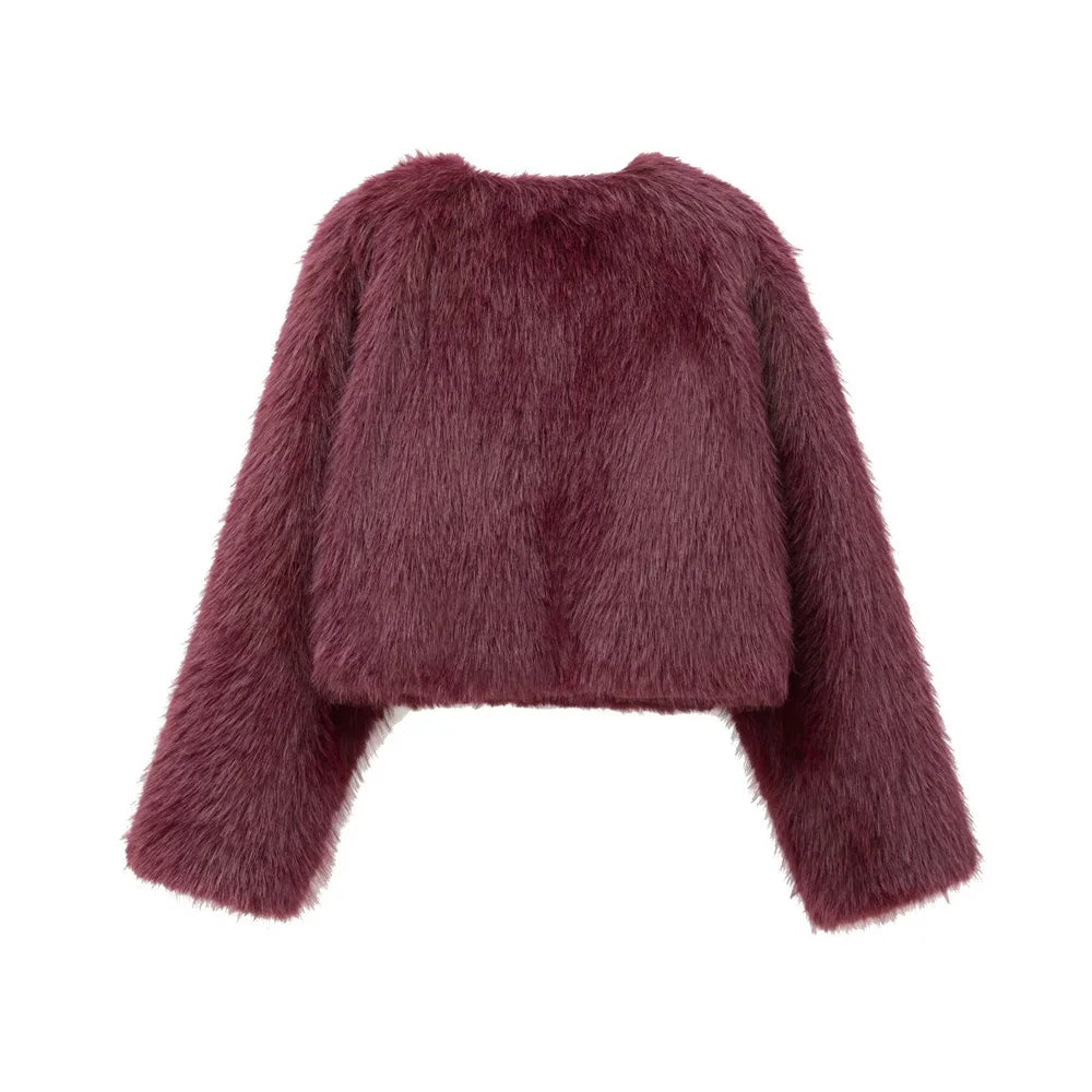 TRZA – Jaqueta feminina grossa e quente de pele sintética, gola redonda, manga comprida, agasalhos femininos, tops chiques, moda