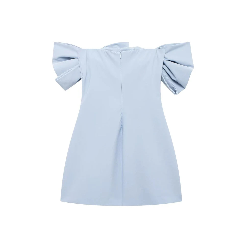 Trza-mini vestido sem alças com laços para mulheres, ombro de fora, pescoço reto, zíper traseiro, vestidos femininos, moda sexy