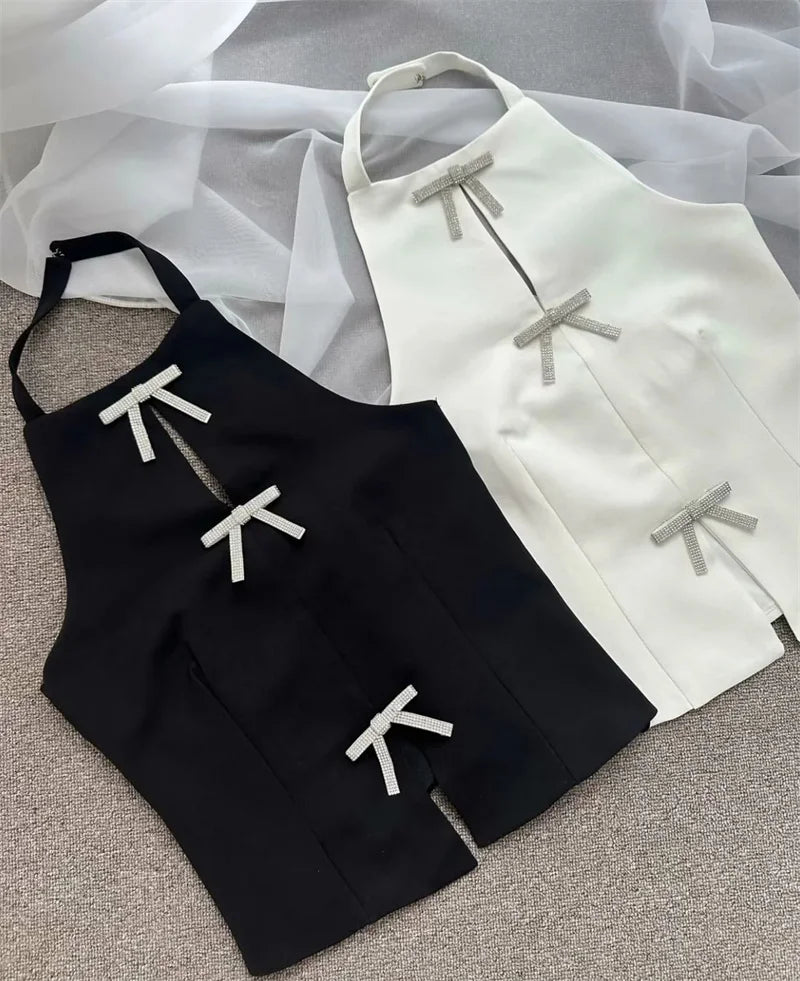 Muyer arco strass colheita topo feminino cortar preto branco sem mangas sem costas topo feminino fora do ombro sexy topos mulher verão