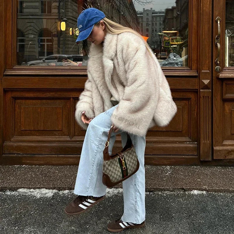 Neo mint 2024 inverno ins moda quente meninas oversized gradiente casaco de pele feminino grosso quente outerwear fofo falso pele de raposa jaqueta